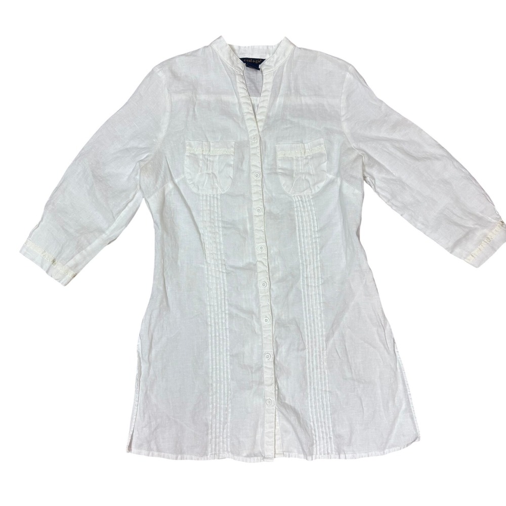 Ecologie Coastal Linen Core Boho White Pintuck 3/4 Sleeve Tunic Top Small